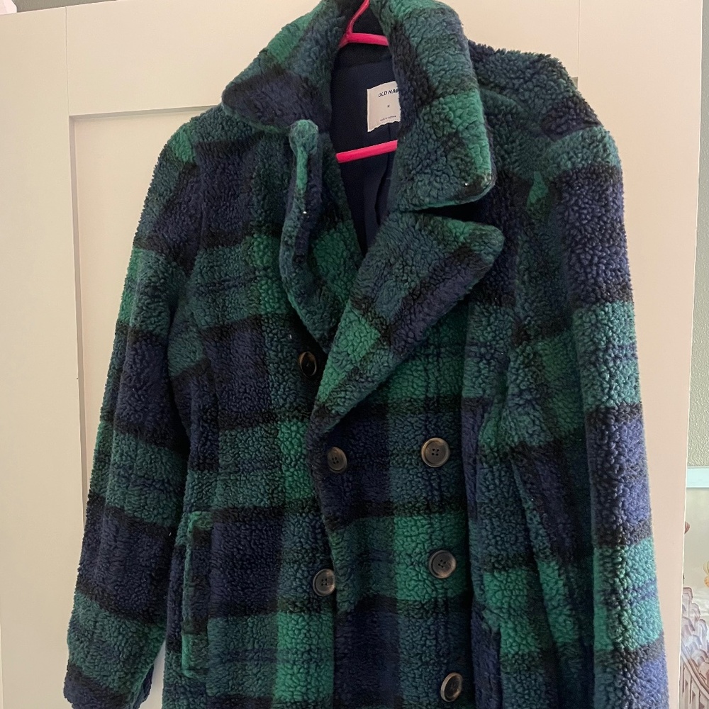 Blue and Green Plaid Fuzzy Coat